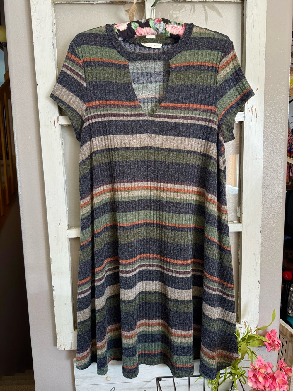 Striped sweater knit Swing Dress in Olive, rust, oatmeal, and charcoal gray